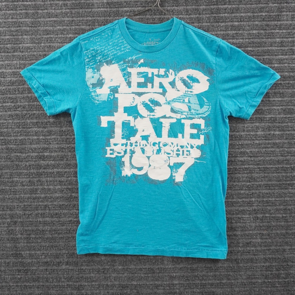 Y2K Aeropostale Graphic T-Shirt Men Small Teal Blue Distressed 1987 Print